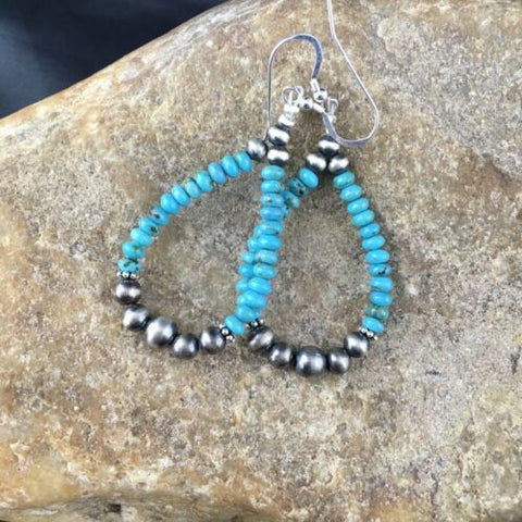 USA Sterling Silver Navajo Pearls Blue Turquoise Bead Earrings 1.75” 1971