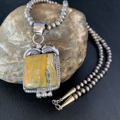 Navajo Bumblebee Jasper Pendant Necklace | Sterling Silver | Authentic Native American Handmade | 13621 - Masha USA