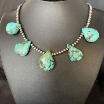 Navajo Teardrop Blue Turquoise Necklace with Pearls | Sterling Silver | 20" | Authentic Native American Handmade | 13966