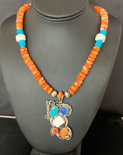 Navajo White Buffalo, Blue Turquoise Spiny Oyster Multi-Stone Pendant | Authentic Native American Sterling Silver | Multi-Stone | 02188