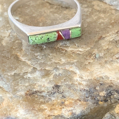 Native American Navajo Green Gaspiete Sugilite Red Coral Inlay Ring | Sz 8.25 | 10986 - Masha USA