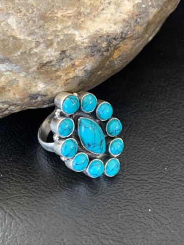 Navajo Blue Cluster Turquoise Ring | Authentic Native American Sterling Silver | Multi-Stone | Sz 8 | 12307