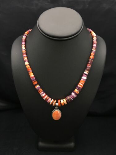 Navajo Orange Spiny Oyster Pendant Necklace Set | Sterling Silver | Authentic Native American Handmade | 2772