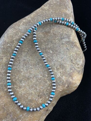 Navajo Pearls 4mm Turquoise Bead Necklace | Sterling Silver | 14" Single Strand | Native American Artisan