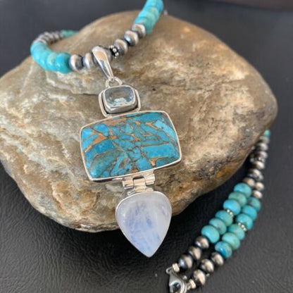 Navajo Pearls Necklace with Blue Mojave Turquoise Moon Pendant | Authentic Native American Sterling Silver | Multi-Stone | 11867