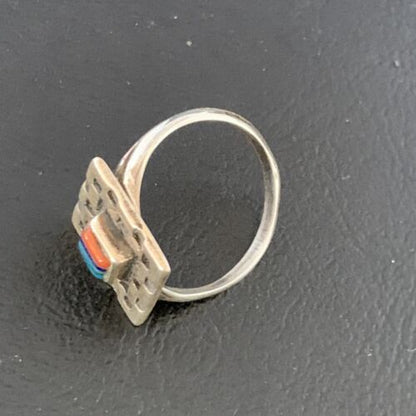 Native American Women's Navajo Green Turquoise Coral Inlay Ring | Sz 7.5 | 13159