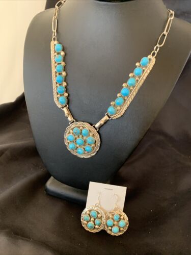 Navajo Blue Kingman Turquoise Necklace & Earrings Set | Sterling Silver | Authentic Native American Handmade | 2113
