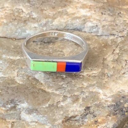 Native American Navajo Green Gaspiete Lapis Red Coral Inlay Ring | Sz 7 | 11139 - Masha USA