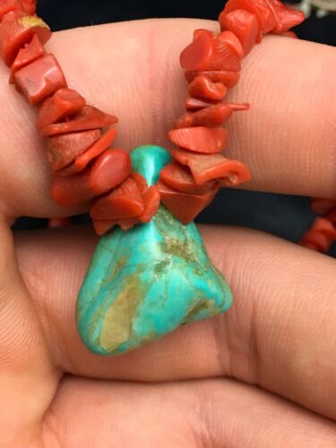 Native American Turquoise and Coral Pendant Necklace | Brass Old Pawn | 19" | 4007