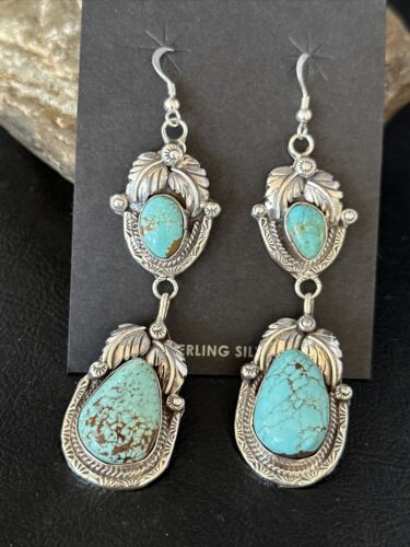 Navajo Blue #8 Turquoise Dangle Earrings | Sterling Silver | Authentic Native American Handmade | 14345