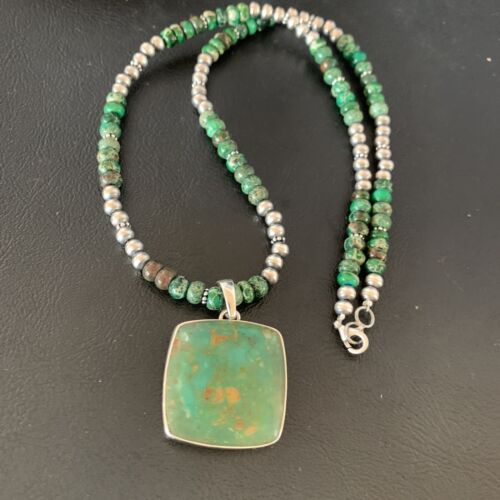 Women's Green Turquoise Pendant Necklace | Navajo Pearls Sterling Bead | Authentic Native American Handmade | 13306