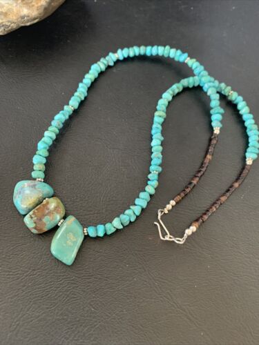 Navajo Blue Turquoise Nugget Pendant Necklace | Sterling Silver Pearls | 20" | Authentic Native American Handmade | 12445