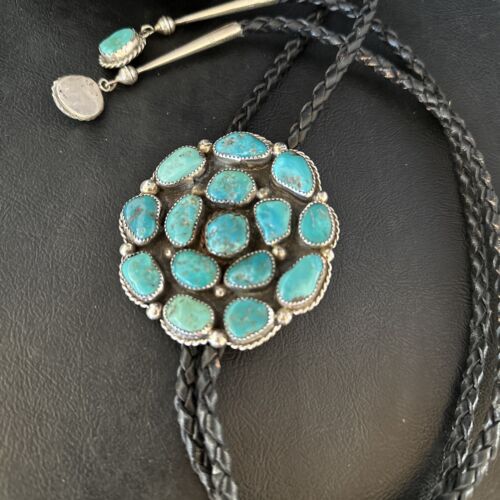 Men's Bolo Tie | Cluster Blue Kingman Turquoise | Sterling Silver | Navajo | Authentic Native American Handmade | 14524