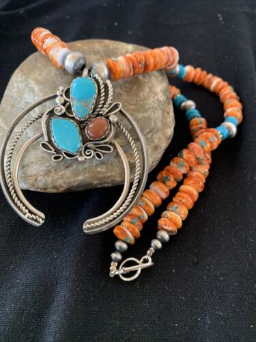 Navajo Turquoise & Spiny Oyster Naja Pendant Necklace | Sterling Silver Navajo Pearls | 1020