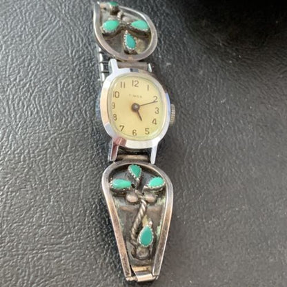 Authentic Navajo Sterling Silver Watch Tips | Old Pawn Blue Turquoise Band | Native American Jewelry | 1636