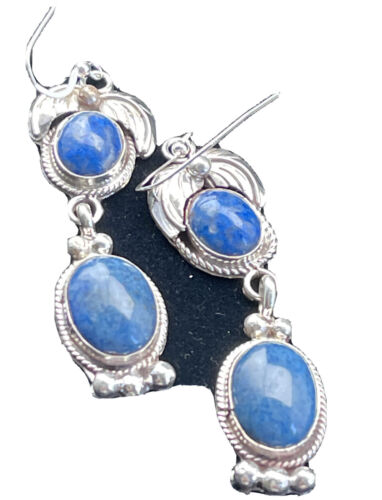 Navajo Denim Lapis Dangle Earrings | Sterling Silver | 2" | Authentic Native American Handmade | 01794