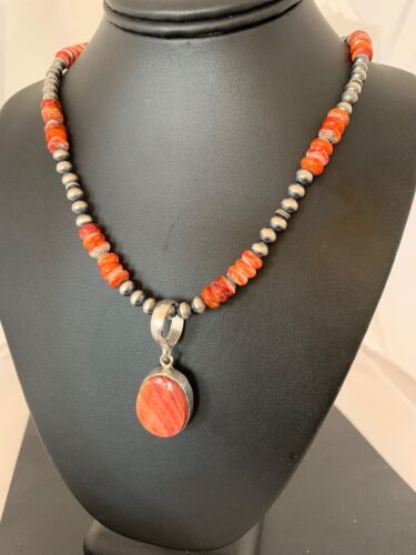 Navajo Red Spiny Oyster Pendant Necklace | Sterling Silver | Authentic Native American Handmade | 8820