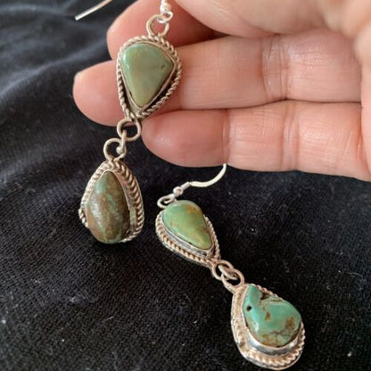 Navajo Green Royston Turquoise Dangle Earrings | Sterling Silver | Authentic Native American Handmade | 1498