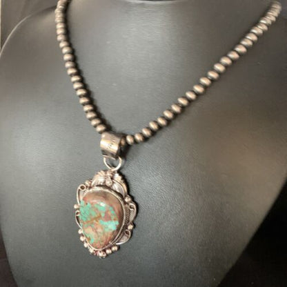 Men's Navajo Green Royston Turquoise Pendant Necklace | Sterling Silver | Authentic Native American Handmade | 13662 - Masha USA