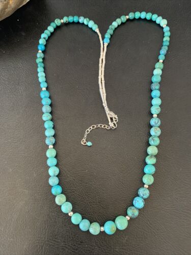 Navajo Women's | Natural Blue Turquoise Bead Necklace | Sterling Silver | 25" | Authentic Native American Handmade | 11664