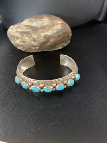 Men's Blue Kingman Turquoise Cuff Bracelet | Sterling Silver | 7 Stone | Authentic Native American Handmade | 14137 - Masha USA