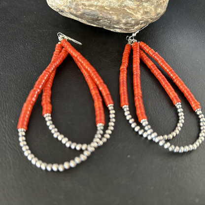 Southwestern Coral Heishi Bead Earrings | Sterling Silver | 3.5" | 14425