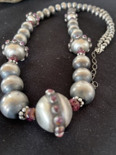 Navajo Purple Spiny Oyster Graduated Bead Necklace | Sterling Silver | Native American Handmade | 20" | 1144