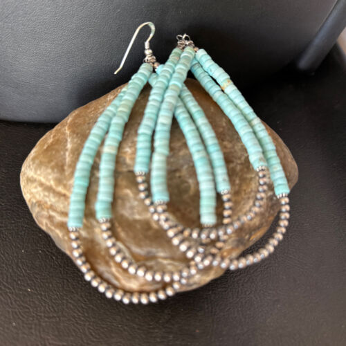 Navajo Turquoise Heishi Beads Earrings | Sterling Silver | 5" | Authentic Native American Handmade | 14295