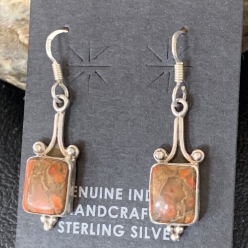 Navajo Orange Spiny Oyster Inlay Earrings | Sterling Silver | Authentic Native American Handmade | 12829