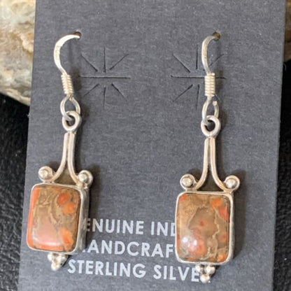 Navajo Orange Spiny Oyster Inlay Earrings | Sterling Silver | Authentic Native American Handmade | 12829