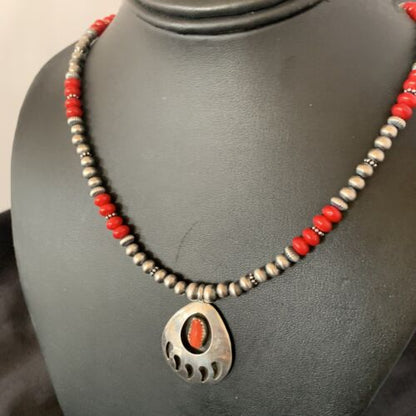 Bear Paw Red Coral Pendant for Men | Navajo Pearl Sterling Silver | Authentic Native American Handmade | 12589