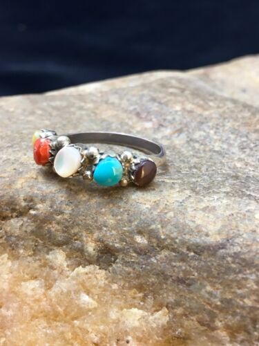 Zuni Blue Opal, Coral, Turquoise Multi-Stone Ring | Authentic Native American Sterling Silver | Multi-Stone | Sz 6.25 | 2501
