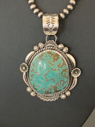 Men's Navajo Pearls Necklace Pendant | Sterling Silver | Blue Turquoise #8 | Authentic Native American Handmade | 529