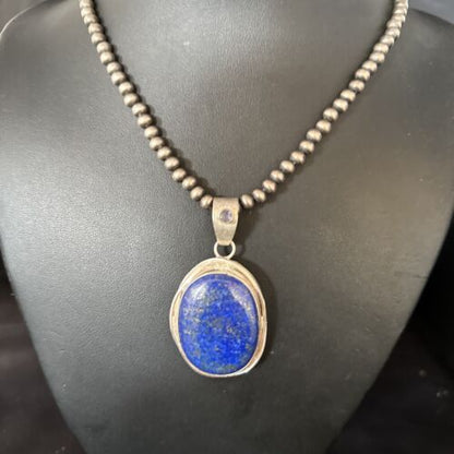 Native American Men's Navajo Pearls Necklace Pendant | Sterling Silver Lapis | 14467