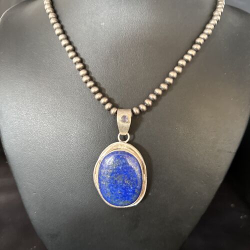 Native American Men's Navajo Pearls Necklace Pendant | Sterling Silver Lapis | 14467