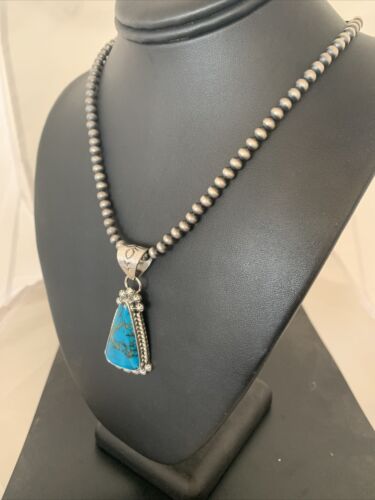 Navajo Pearls Sterling Silver Blue Spiderweb Turquoise Necklace Pendant | Men's Southwestern | 00861