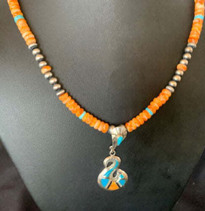 Navajo Pearls Necklace with Orange Spiny Oyster & Turquoise Pendant | Sterling Silver | Authentic Native American | 20" | 12703