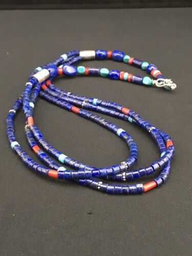 Southwestern Navajo Lapis Turquoise Necklace | 3-Strand | Sterling Silver | 24" | 1361