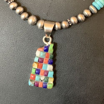 Navajo Multi-Color Blue Turquoise Pendant | Sterling Silver Pearls Necklace | Native American Handmade | 12617