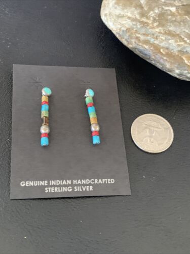Multi-Color Turquoise Coral Bead Earrings | Sterling Silver | Navajo Handmade | 1" | 13053