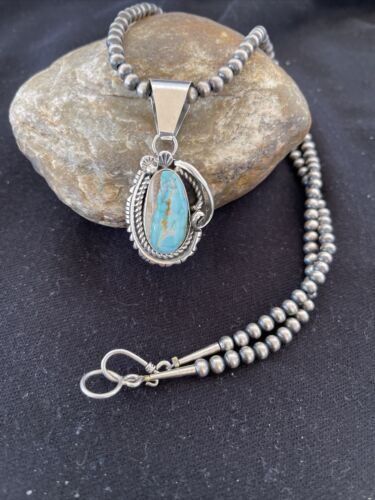 Women's Royston Turquoise Pendant Necklace | Navajo Pearls | Sterling Silver | Authentic Native American Handmade | 01182