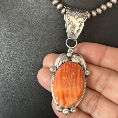 Navajo Pearls Red Spiny Oyster Necklace Pendant | Sterling Silver | Authentic Native American Handmade | 14724 - Masha USA