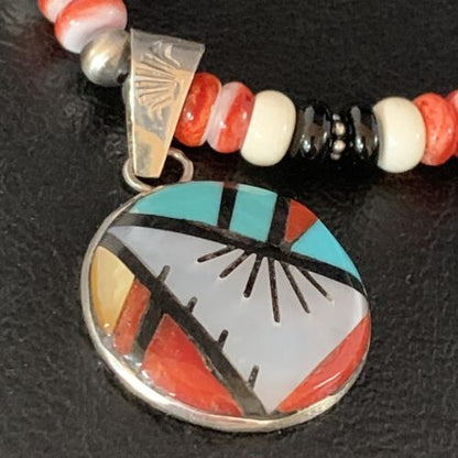 Zuni Multi-Color Turquoise Onyx Necklace | Sterling Silver Inlay Pendant | 13563