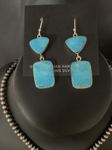 Navajo Blue Topaz Turquoise Necklace Earrings Set | Sterling Silver | 3" Pendant | Authentic Native American Handmade | 14098
