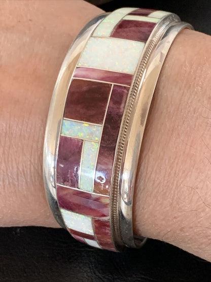 Zuni Purple Spiny Oyster Opal Inlay Cuff Bracelet | Sterling Silver | Authentic Native American Handmade | 12094