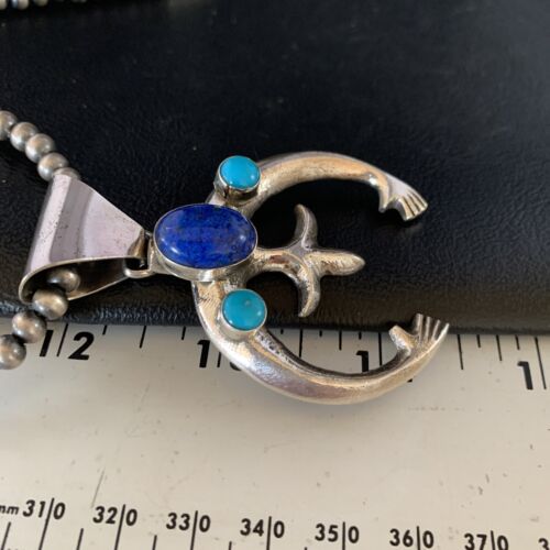 Navajo Blue Lapis Turquoise Pendant Necklace | Authentic Native American Sterling Silver | Naja | 13631