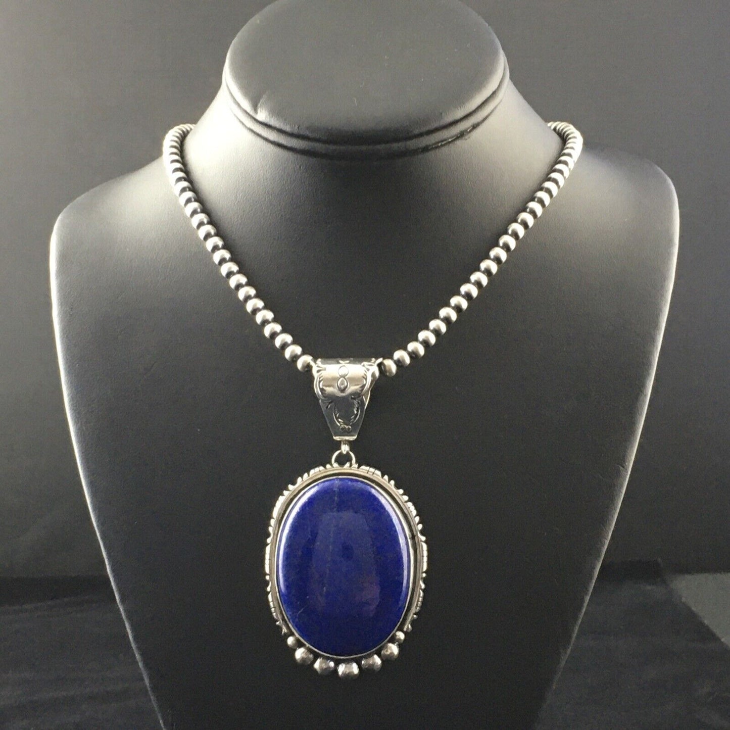 Native American Men's Navajo Pearls Necklace Pendant | Sterling Silver Blue Lapis | 10118