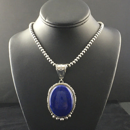 Native American Men's Navajo Pearls Necklace Pendant | Sterling Silver Blue Lapis | 10118