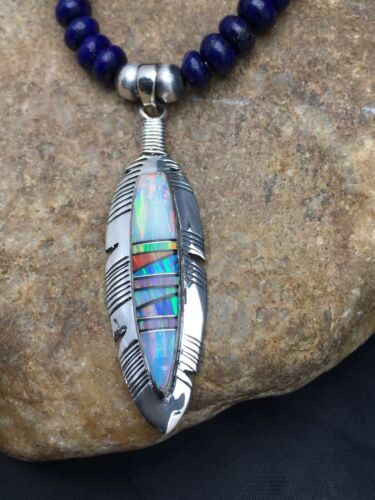 Navajo Opal Feather Multi-Color Lapis Pendant Necklace & Earring Set | Sterling Silver | Authentic Native American Handmade | 2771