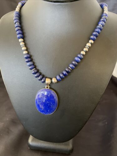 Navajo Pearls Sterling Silver Necklace with Blue Lapis Pendant | Authentic Native American Handmade | 11352
